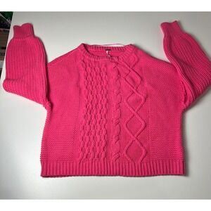 Free People‎ Cable Knit Balloon Sleeve Sweater Bright Pink Women's M